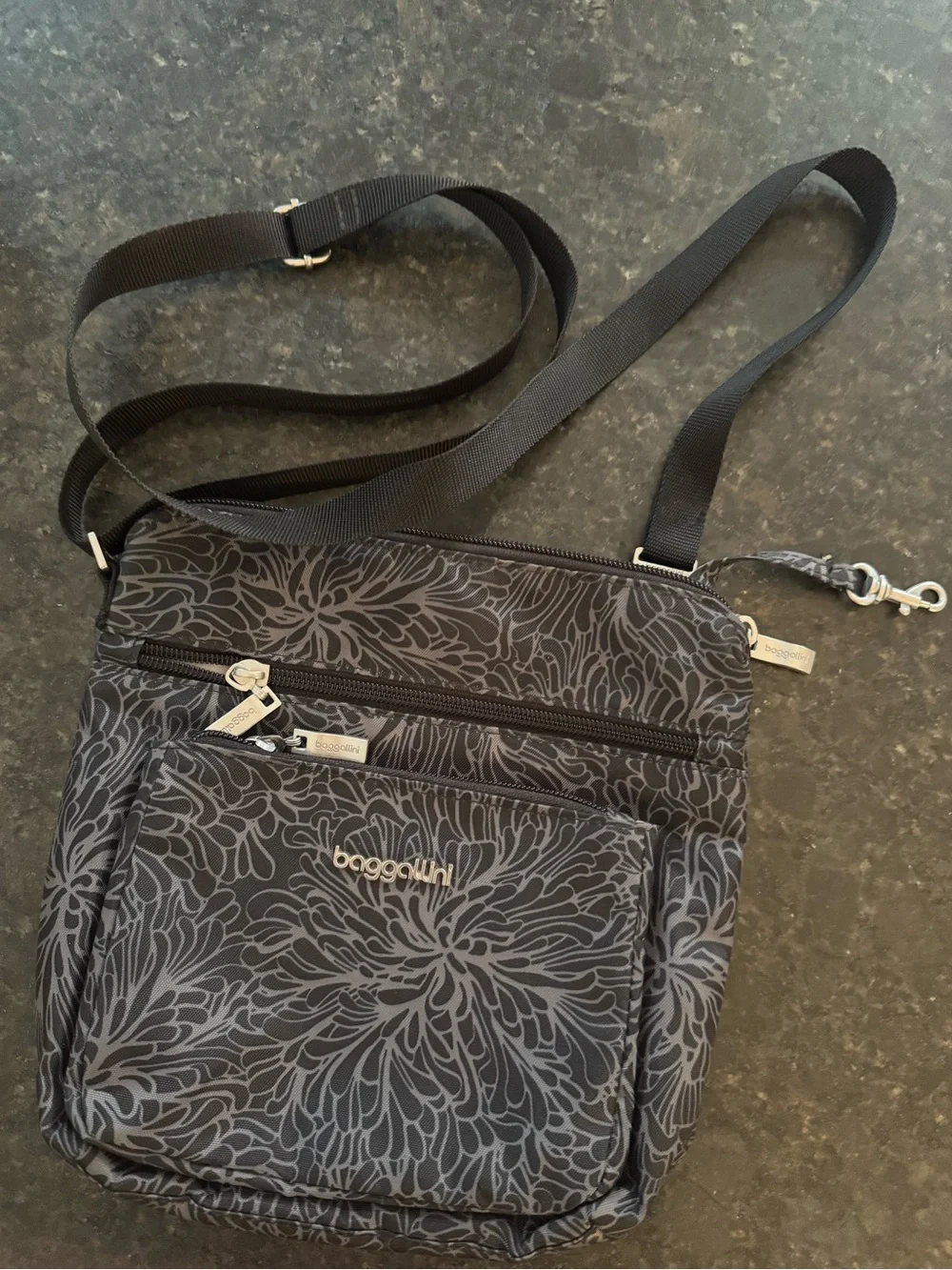 Baggallini Crossbody Shoulder Bag - Black Floral Pattern
